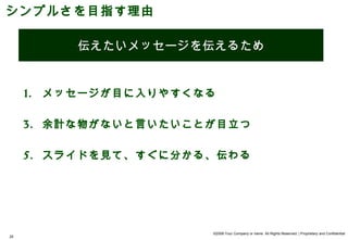 シンプルさを目指す理由

             伝えたいメッセージを伝えるため


     1.   メッセージが目に入りやすくなる

     3. 余計な物がないと言いたいことが目立つ

     5. スライドを見て、すぐに分かる、伝わる




                        ©2008 Your Company or name All Rights Reserved. | Proprietary and Confidential
20
 