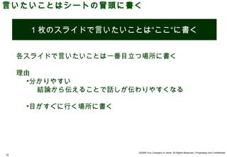 言いたいことはシートの冒頭に書く


       1 枚のスライドで言いたいことは“ここ“に書く


     各スライドで言いたいことは一番目立つ場所に書く

     理由
       •分かりやすい
         結論から伝えることで話しが伝わりやすくなる

      •目がすぐに行く場所に書く




                       ©2008 Your Company or name All Rights Reserved. | Proprietary and Confidential
22
 
