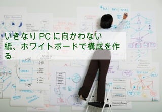 いきなり PC に向かわない
紙、ホワイトボードで構成を作
る




           ©2008 Your Company or name All Rights Reserved. | Proprietary and Confidential
9
 