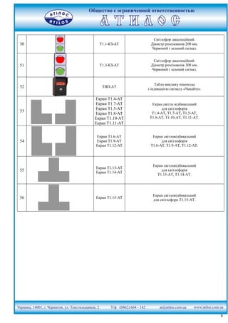 6
50 Т1.1-КЗ-АТ
Світлофор двосекційний.
Діаметр розсіювачів 200 мм.
Червоний і зелений сигнал.
51 Т1.3-КЗ-АТ
Світлофор двосекційний.
Діаметр розсіювачів 300 мм.
Червоний і зелений сигнал.
52 ТВП-АТ
Табло виклику пішохода
з індикацією сигналу «Чекайте».
53
Екран Т1.4-АТ
Екран Т1.7-АТ
Екран Т1.5-АТ
Екран Т1.8-АТ
Екран Т1.10-АТ
Екран Т1.11-АТ
Екран світло відбивальний
для світлофорів
Т1.4-АТ, Т1.7-АТ, Т1.5-АТ,
Т1.8-АТ, Т1.10-АТ, Т1.11-АТ.
54
Екран Т1.6-АТ
Екран Т1.9-АТ
Екран Т1.12-АТ
Екран світловідбивальний
для світлофорів
Т1.6-АТ, Т1.9-АТ, Т1.12-АТ.
55
Екран Т1.13-АТ
Екран Т1.14-АТ
Екран світловідбивальний
для світлофорів
Т1.13-АТ, Т1.14-АТ.
56 Екран Т1.15-АТ
Екран світловідбивальний
для світлофора Т1.15-АТ.
 