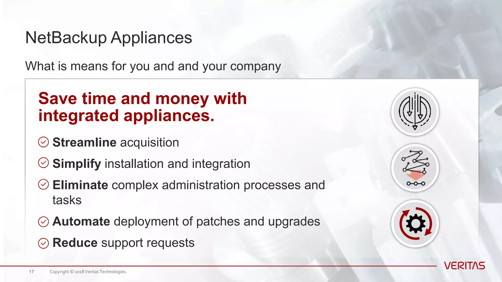 What is means for you and and your company
NetBackup Appliances
Save time and money with
integrated appliances.
Streamline acquisition
Simplify installation and integration
Eliminate complex administration processes and
tasks
Automate deployment of patches and upgrades
Reduce support requests
Copyright © 2018 Veritas Technologies.17
 