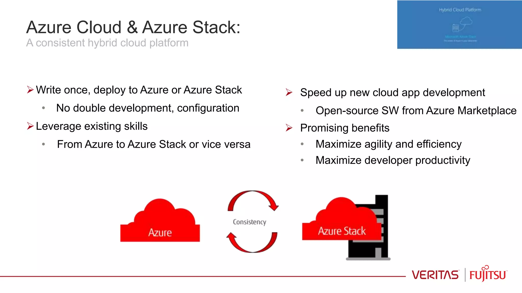 Azure Cloud & Azure Stack:
A consistent hybrid cloud platform
Write once, deploy to Azure or Azure Stack
• No double development, configuration
Leverage existing skills
• From Azure to Azure Stack or vice versa
 Speed up new cloud app development
• Open-source SW from Azure Marketplace
 Promising benefits
• Maximize agility and efficiency
• Maximize developer productivity
 