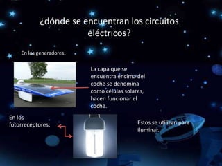 ¿dónde se encuentran los circuitos
eléctricos?
En los generadores:
La capa que se
encuentra encima del
coche se denomina
como células solares,
hacen funcionar el
coche.
En los
fotorreceptores: Estos se utilizan para
iluminar.
 