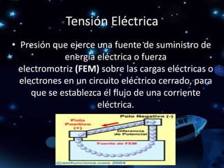 Tensión Eléctrica
• Presión que ejerce una fuente de suministro de
energía eléctrica o fuerza
electromotriz (FEM) sobre las cargas eléctricas o
electrones en un circuito eléctrico cerrado, para
que se establezca el flujo de una corriente
eléctrica.
 
