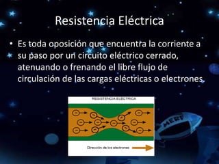 Resistencia Eléctrica
• Es toda oposición que encuentra la corriente a
su paso por un circuito eléctrico cerrado,
atenuando o frenando el libre flujo de
circulación de las cargas eléctricas o electrones.
 