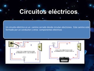 Circuitos eléctricos
Un circuito eléctrico es un camino cerrado donde circulan electrones. Este camino está
formado por un conductor y otros componentes eléctricos
 