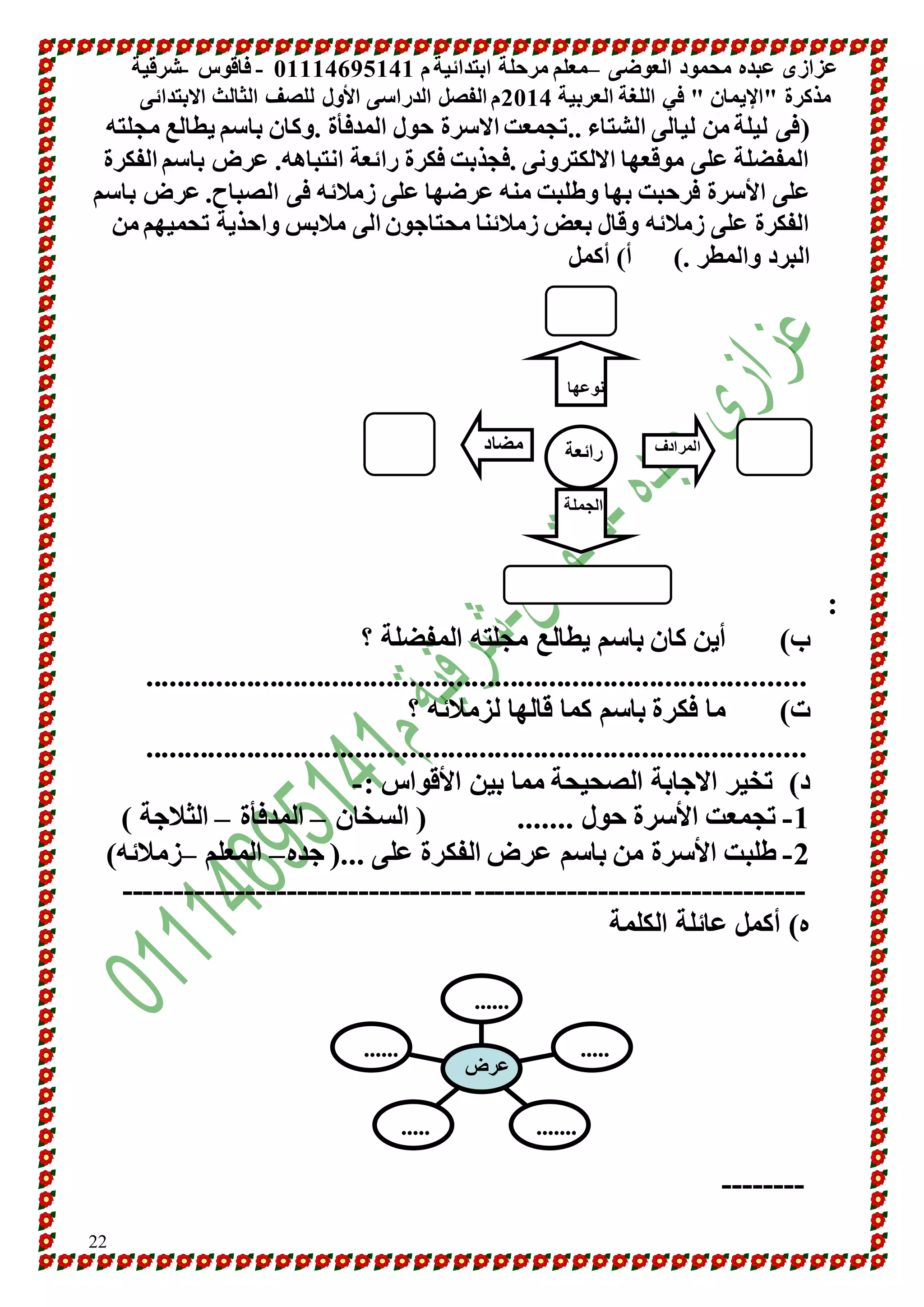 عزازى عبده محمود العوضى –معلم مرحلة ابتدائية م 10001641010 - فاقوس -شرقية 
مذكرة "الإيمان " في اللغة العربية 4101 م الفصل الدراسى الأول للصف الثالث الابتدائى 
)فى ليلة من ليالى الشتاء ..تجمعت الاسرة حول المدفأة .وكان باسم يطالع مجلته 
المفضلة على موقعها الالكترونى .فجذبت فكرة رائعة انتباهه. عرض باسم الفكرة 
على الأسرة فرحبت بها وطلبت منه عرضها على زملائه فى الصباح. عرض باسم 
الفكرة على زملائه وقال بعض زملائنا محتاجون الى ملابس واحذية تحميهم من 
البرد والمطر .( أ( أكمل 
22 
نوعها 
المرادف مضاد 
: 
ب( أين كان باسم يطالع مجلته المفضلة ؟ 
..................................................................................... 
ت( ما فكرة باسم كما قالها لزملائه ؟ 
..................................................................................... 
د( تخير الاجابة الصحيحة مما بين الأقواس :- 
-0 تجمعت الأسرة حول ....... ) السخان – المدفأة – الثلاجة ( 
-4 طلبت الأسرة من باسم عرض الفكرة على ...) جده– المعلم –زملائه( 
------------------------------------------------------------------ 
ه( أكمل عائلة الكلمة 
-------- 
...... 
..... ....... 
..... 
...... 
عرض 
رائعة 
الجملة 
 