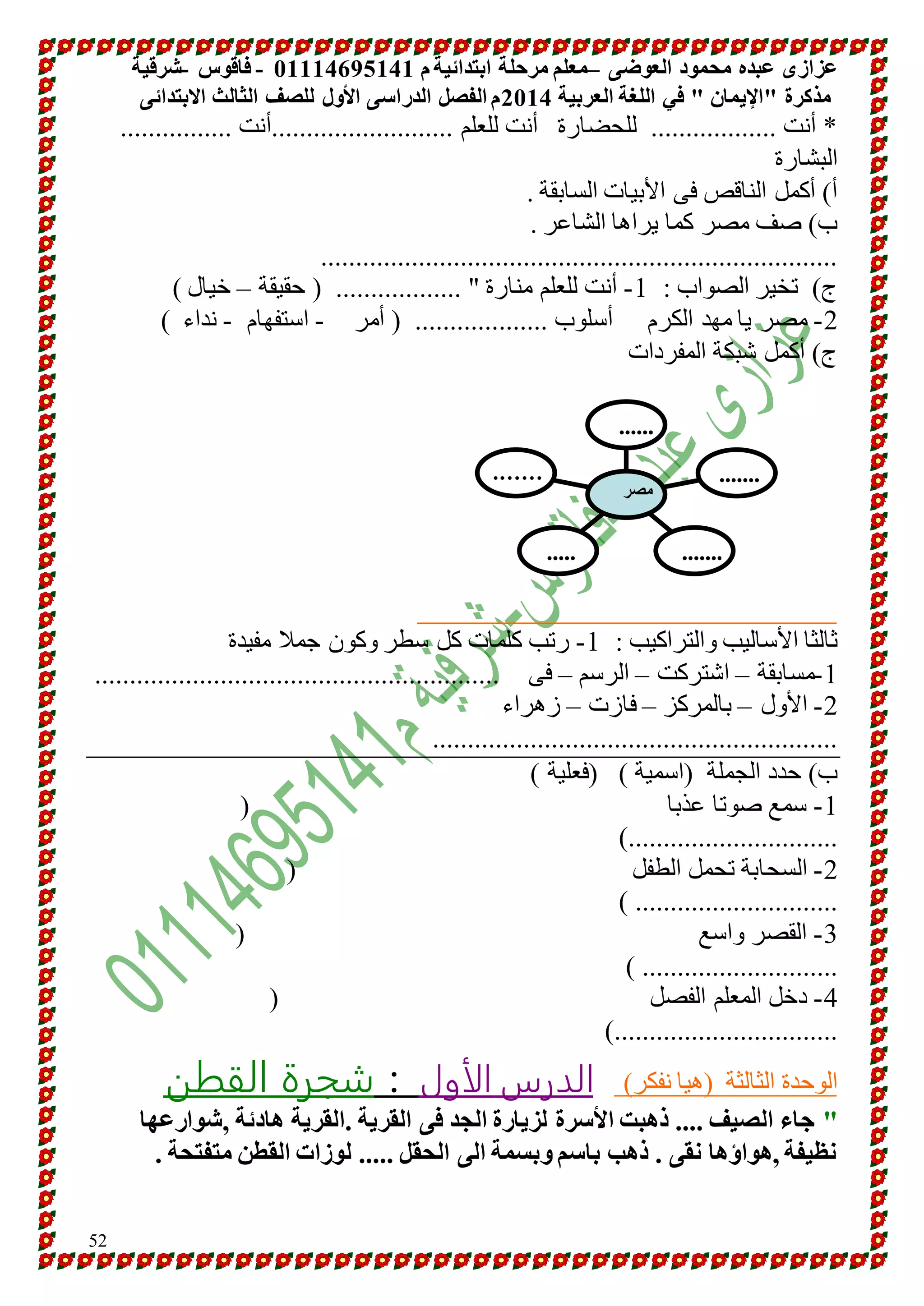 عزازى عبده محمود العوضى –معلم مرحلة ابتدائية م 10001641010 - فاقوس -شرقية 
مذكرة "الإيمان " في اللغة العربية 4101 م الفصل الدراسى الأول للصف الثالث الابتدائى 
52 
* أنت .................. للحضارة أنت للعلم ..........................أنت ................ 
البشارة 
أ( أكمل الناقص فى الأبيات السابقة . 
ب( صف مصر كما يراها الشاعر . 
.......................................................................... 
ج( تخير الصواب : 1- أنت للعلم منارة " .................. ) حقيقة – خيال ( 
-2 مصر يا مهد الكرم أسلوب ................... ) أمر - استفهام - نداء ( 
ج( أكمل شبكة المفردات 
.…… 
....... 
...... 
مصر 
..... ....... 
ثالثا الأساليب والتراكيب : 1- رتب كلمات كل سطر وكون جملا مفيدة 
-1 مسابقة – اشتركت – الرسم – فى .......................................................... 
-2 الأول – بالمركز – فازت – زهراء 
.......................................................... 
ب( حدد الجملة )اسمية ( )فعلية ( 
-1 سمع صوتا عذبا ) 
).............................. 
-2 السحابة تحمل الطفل ) 
) ............................. 
-3 القصر واسع ) 
) ............................ 
-1 دخل المعلم الفصل ) 
)................................ 
الوحدة الثالثة )هيا نفكر( الدرس الأول : شجرة القطن 
" جاء الصيف .... ذهبت الأسرة لزيارة الجد فى القرية .القرية هادئة ,شوارعها 
نظيفة ,هواؤها نقى . ذهب باسم وبسمة الى الحقل ..... لوزات القطن متفتحة . 
 