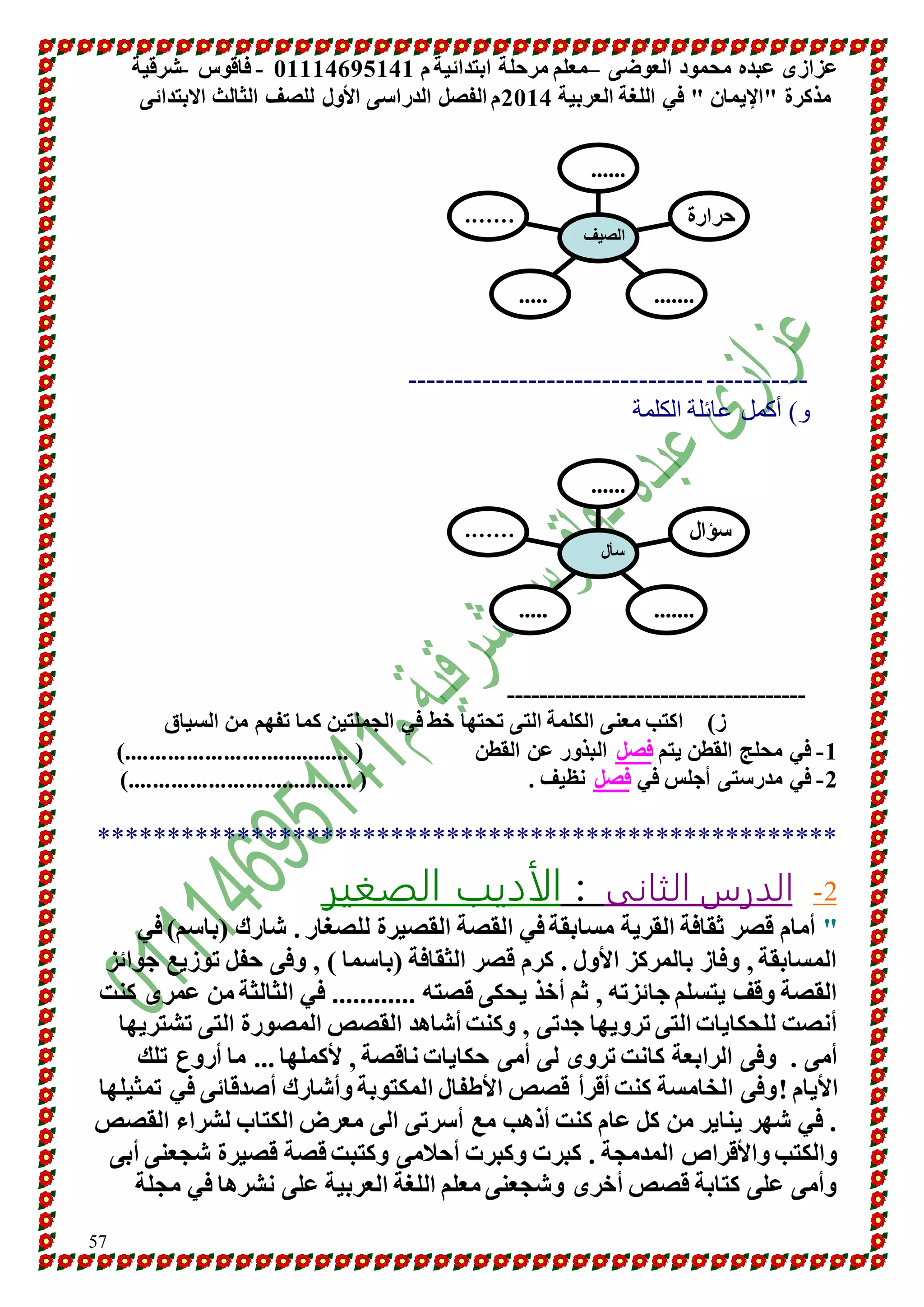 عزازى عبده محمود العوضى –معلم مرحلة ابتدائية م 10001641010 - فاقوس -شرقية 
مذكرة "الإيمان " في اللغة العربية 4101 م الفصل الدراسى الأول للصف الثالث الابتدائى 
57 
.…… 
حرارة 
...... 
الصيف 
..... ....... 
-------------------------------- ----------- 
و( أكمل عائلة الكلمة 
.…… 
سؤال 
...... 
سأل 
..... ....... 
------------------------------------- 
ز( اكتب معنى الكلمة التى تحتها خط في الجملتين كما تفهم من السياق 
-0 في محلج القطن يتم فصل البذور عن القطن ) .....................................( 
-4 في مدرستى أجلس في فصل نظيف . ) .....................................( 
***************************************************** 
-2 الدرس الثانى : الأديب الصغير 
" أمام قصر ثقافة القرية مسابقة في القصة القصيرة للصغار . شارك )باسم( في 
المسابقة , وفاز بالمركز الأول . كرم قصر الثقافة )باسما ( , وفى حفل توزيع جوائز 
القصة وقف يتسلم جائزته , ثم أخذ يحكى قصته ............ في الثالثة من عمرى كنت 
أنصت للحكايات التى ترويها جدتى , وكنت أشاهد القصص المصورة التى تشتريها 
أمى . وفى الرابعة كانت تروى لى أمى حكايات ناقصة , لأكملها ... ما أروع تلك 
الأيام !وفى الخامسة كنت أقرأ قصص الأطفال المكتوبة وأشارك أصدقائى في تمثيلها 
. في شهر يناير من كل عام كنت أذهب مع أسرتى الى معرض الكتاب لشراء القصص 
والكتب والأقراص المدمجة . كبرت وكبرت أحلامى وكتبت قصة قصيرة شجعنى أبى 
وأمى على كتابة قصص أخرى وشجعنى معلم اللغة العربية على نشرها في مجلة 
 