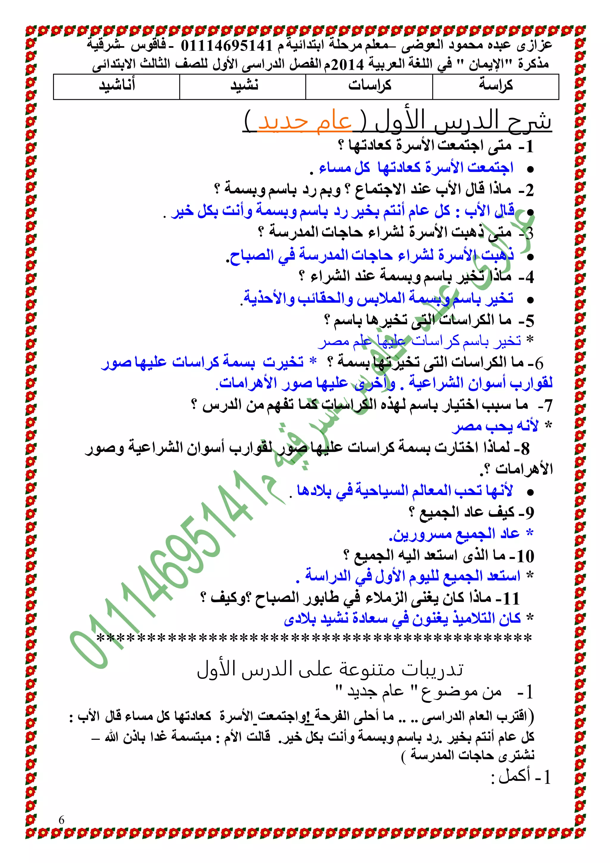 عزازى عبده محمود العوضى –معلم مرحلة ابتدائية م 10001641010 - فاقوس -شرقية 
مذكرة "الإيمان " في اللغة العربية 4101 م الفصل الدراسى الأول للصف الثالث الابتدائى 
6 
ك ا رسة ك ا رسات نشيد أناشيد 
شرح الدرس الأول ) عام جديد ( 
-0 متى اجتمعت الأسرة كعادتها ؟ 
اجتمعت الأسرة كعادتها كل مساء .  
-4 ماذا قال الأب عند الاجتماع ؟ وبم رد باسم وبسمة ؟ 
قال الأب : كل عام أنتم بخير رد باسم وبسمة وأنت بكل خير .  
-3 متى ذهبت الأسرة لشراء حاجات المدرسة ؟ 
ذهبت الأسرة لشراء حاجات المدرسة في الصباح.  
-1 ماذا تخير باسم وبسمة عند الشراء ؟ 
تخير باسم وبسمة الملابس والحقائب والأحذية.  
-1 ما الكراسات التى تخيرها باسم ؟ 
* تخير باسم كراسات عليها علم مصر 
-6 ما الكراسات التى تخيرتها بسمة ؟ * تخيرت بسمة كراسات عليها صور 
لقوارب أسوان الشراعية . وأخرى عليها صور الأهرامات. 
-7 ما سبب اختيار باسم لهذه الكراسات كما تفهم من الدرس ؟ 
* لأنه يحب مصر 
-8 لماذا اختارت بسمة كراسات عليها صور لقوارب أسوان الشراعية وصور 
الأهرامات ؟. 
لأنها تحب المعالم السياحية في بلادها .  
-4 كيف عاد الجميع ؟ 
* عاد الجميع مسرورين. 
-01 ما الذى استعد اليه الجميع ؟ 
* استعد الجميع لليوم الأول في الدراسة . 
-00 ماذا كان يغنى الزملاء في طابور الصباح ؟وكيف ؟ 
* كان التلاميذ يغنون في سعادة نشيد بلادى 
******************************************* 
تدريبات متنوعة على الدرس الأول 
-1 من موضوع " عام جديد " 
)اقترب العام الدراسى .. .. ما أحلى الفرحة !واجتمعت الأسرة كعادتها كل مساء قال الأب : 
كل عام أنتم بخير .رد باسم وبسمة وأنت بكل خير. قالت الأم : مبتسمة غدا باذن الله – 
نشترى حاجات المدرسة ( 
-1 أكمل : 
 