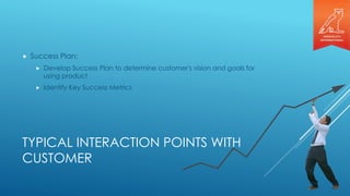 TYPICAL INTERACTION POINTS WITH
CUSTOMER
 Success Plan:
 Develop Success Plan to determine customer's vision and goals for
using product
 Identify Key Success Metrics
 