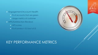 KEY PERFORMANCE METRICS
 Engagement/Account Health
 % of accounts that are green
 Usage metrics of customer
 NPS/Satisfaction Reviews
 NPS scores
 % of surveys > 3.5 (out of 5)
 