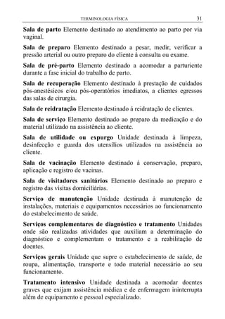 TERMINOLOGIA FÍSICA

31

Sala de parto Elemento destinado ao atendimento ao parto por via
vaginal.
Sala de preparo Elemento destinado a pesar, medir, verificar a
pressão arterial ou outro preparo do cliente à consulta ou exame.
Sala de pré-parto Elemento destinado a acomodar a parturiente
durante a fase inicial do trabalho de parto.
Sala de recuperação Elemento destinado à prestação de cuidados
pós-anestésicos e/ou pós-operatórios imediatos, a clientes egressos
das salas de cirurgia.
Sala de reidratação Elemento destinado á reidratação de clientes.
Sala de serviço Elemento destinado ao preparo da medicação e do
material utilizado na assistência ao cliente.
Sala de utilidade ou expurgo Unidade destinada à limpeza,
desinfecção e guarda dos utensílios utilizados na assistência ao
cliente.
Sala de vacinação Elemento destinado à conservação, preparo,
aplicação e registro de vacinas.
Sala de visitadores sanitários Elemento destinado ao preparo e
registro das visitas domiciliárias.
Serviço de manutenção Unidade destinada à manutenção de
instalações, materiais e equipamentos necessários ao funcionamento
do estabelecimento de saúde.
Serviços complementares de diagnóstico e tratamento Unidades
onde são realizadas atividades que auxiliam a determinação do
diagnóstico e complementam o tratamento e a reabilitação de
doentes.
Serviços gerais Unidade que supre o estabelecimento de saúde, de
roupa, alimentação, transporte e todo material necessário ao seu
funcionamento.
Tratamento intensivo Unidade destinada a acomodar doentes
graves que exijam assistência médica e de enfermagem ininterrupta
além de equipamento e pessoal especializado.

 