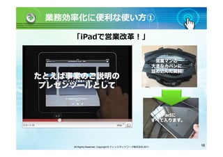 業務効率化に便利な使い方①

   「iPadで営業改革！」




   All Rights Reserved, Copyright © ナレッジネットワーク株式会社 2011   16
 