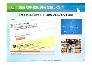 業務効率化に便利な使い方②

「サイボウズLive」で円滑なプロジェクト運営




     All Rights Reserved, Copyright © ナレッジネットワーク株式会社 2011   17
 