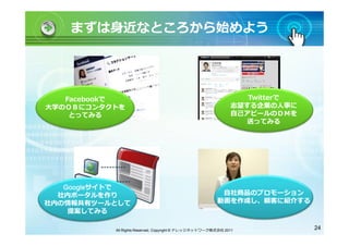 まずは身近なところから始めよう




   Facebookで
   Facebookで                                                   Twitterで
                                                               Twitterで
大学のＯＢにコンタクトを                                                志望する企業の人事に
    とってみる                                                   自己アピールのＤＭを
                                                              送ってみる




   Googleサイトで
   Googleサイトで
  社内ポータルを作り                                             自社商品のプロモーション
社内の情報共有ツールとして                                          動画を作成し、顧客に紹介する
    提案してみる

          All Rights Reserved, Copyright © ナレッジネットワーク株式会社 2011            24
 