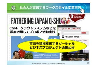 社会人が実践するワークスタイル変革事例




CGM、クラウドシステムなどを
徹底活用してプロボノ活動実践


      育児を積極支援するソーシャル
      ビジネスプロジェクトの進め方



       All Rights Reserved, Copyright © ナレッジネットワーク株式会社 2011   25
 