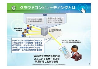 クラウドコンピューティングとは
                            背景
                                    仮想化・グリッドコ
          ブロードバンド普及
                                    ンピューティング等
          による通信の高速化
                                    テクノロジーの進歩


 複数利用者で
  共同利用                               サービス提供会社の
                                     サーバー




クライアントや自社サーバーのソフ                                          パソコン、スマートフォン・
                                                          ノートPC・PDA等の携帯端末
トウェアでデータを処理・管理する
のではなく、インターネットを通じ、
サービス提供会社のサーバーから
必要なサービスのみを利用する形態


             Webブラウザさえあれば
             どこにいてもサービスを
              利用することができる
            All Rights Reserved, Copyright © ナレッジネットワーク株式会社 2011            6
 