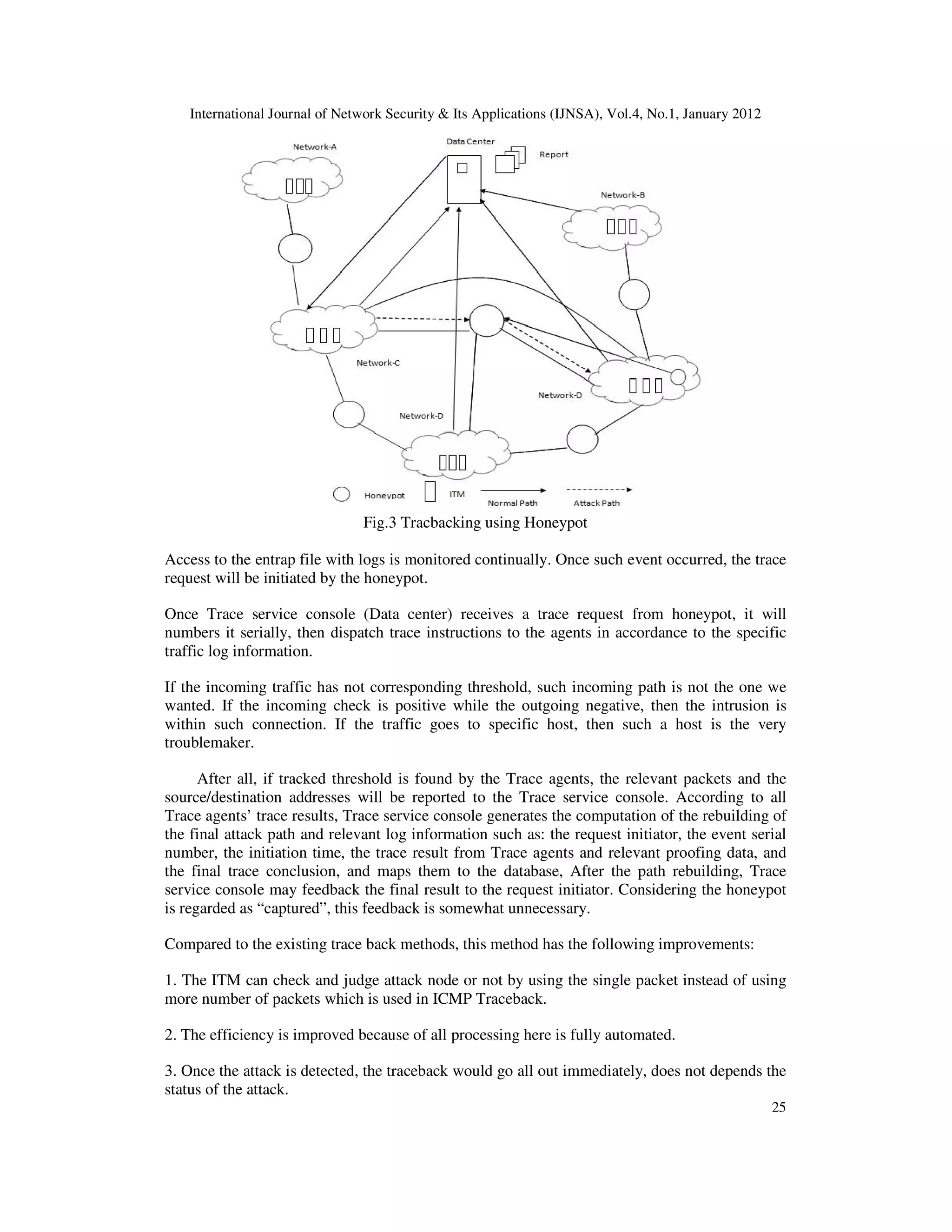 International Journal of Network Security & Its Applications (IJNSA), Vol.4, No.1, January 2012
25
Fig.3 Tracbacking using Honeypot
Access to the entrap file with logs is monitored continually. Once such event occurred, the trace
request will be initiated by the honeypot.
Once Trace service console (Data center) receives a trace request from honeypot, it will
numbers it serially, then dispatch trace instructions to the agents in accordance to the specific
traffic log information.
If the incoming traffic has not corresponding threshold, such incoming path is not the one we
wanted. If the incoming check is positive while the outgoing negative, then the intrusion is
within such connection. If the traffic goes to specific host, then such a host is the very
troublemaker.
After all, if tracked threshold is found by the Trace agents, the relevant packets and the
source/destination addresses will be reported to the Trace service console. According to all
Trace agents’ trace results, Trace service console generates the computation of the rebuilding of
the final attack path and relevant log information such as: the request initiator, the event serial
number, the initiation time, the trace result from Trace agents and relevant proofing data, and
the final trace conclusion, and maps them to the database, After the path rebuilding, Trace
service console may feedback the final result to the request initiator. Considering the honeypot
is regarded as “captured”, this feedback is somewhat unnecessary.
Compared to the existing trace back methods, this method has the following improvements:
1. The ITM can check and judge attack node or not by using the single packet instead of using
more number of packets which is used in ICMP Traceback.
2. The efficiency is improved because of all processing here is fully automated.
3. Once the attack is detected, the traceback would go all out immediately, does not depends the
status of the attack.
 