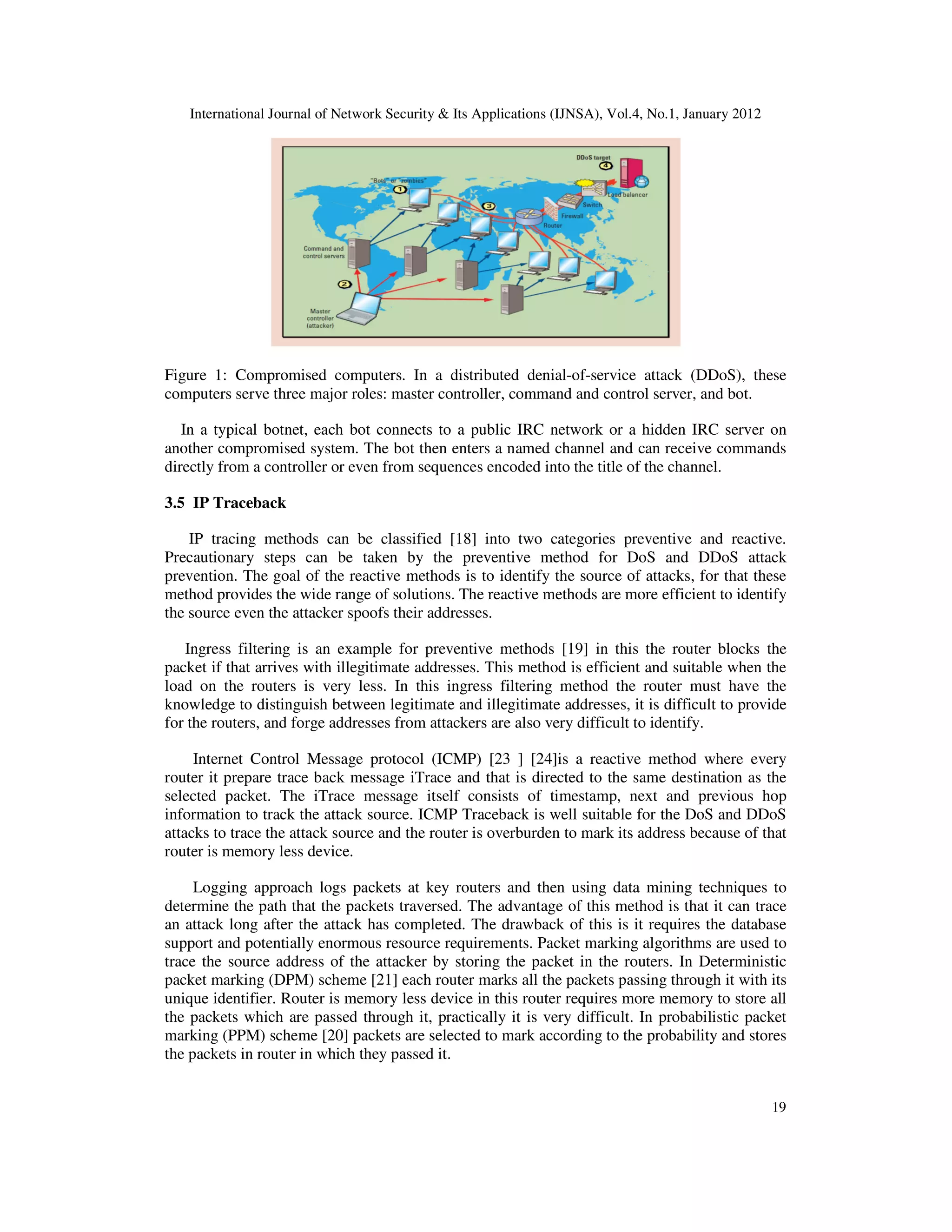 International Journal of Network Security & Its Applications (IJNSA), Vol.4, No.1, January 2012
19
Figure 1: Compromised computers. In a distributed denial-of-service attack (DDoS), these
computers serve three major roles: master controller, command and control server, and bot.
In a typical botnet, each bot connects to a public IRC network or a hidden IRC server on
another compromised system. The bot then enters a named channel and can receive commands
directly from a controller or even from sequences encoded into the title of the channel.
3.5 IP Traceback
IP tracing methods can be classified [18] into two categories preventive and reactive.
Precautionary steps can be taken by the preventive method for DoS and DDoS attack
prevention. The goal of the reactive methods is to identify the source of attacks, for that these
method provides the wide range of solutions. The reactive methods are more efficient to identify
the source even the attacker spoofs their addresses.
Ingress filtering is an example for preventive methods [19] in this the router blocks the
packet if that arrives with illegitimate addresses. This method is efficient and suitable when the
load on the routers is very less. In this ingress filtering method the router must have the
knowledge to distinguish between legitimate and illegitimate addresses, it is difficult to provide
for the routers, and forge addresses from attackers are also very difficult to identify.
Internet Control Message protocol (ICMP) [23 ] [24]is a reactive method where every
router it prepare trace back message iTrace and that is directed to the same destination as the
selected packet. The iTrace message itself consists of timestamp, next and previous hop
information to track the attack source. ICMP Traceback is well suitable for the DoS and DDoS
attacks to trace the attack source and the router is overburden to mark its address because of that
router is memory less device.
Logging approach logs packets at key routers and then using data mining techniques to
determine the path that the packets traversed. The advantage of this method is that it can trace
an attack long after the attack has completed. The drawback of this is it requires the database
support and potentially enormous resource requirements. Packet marking algorithms are used to
trace the source address of the attacker by storing the packet in the routers. In Deterministic
packet marking (DPM) scheme [21] each router marks all the packets passing through it with its
unique identifier. Router is memory less device in this router requires more memory to store all
the packets which are passed through it, practically it is very difficult. In probabilistic packet
marking (PPM) scheme [20] packets are selected to mark according to the probability and stores
the packets in router in which they passed it.
 