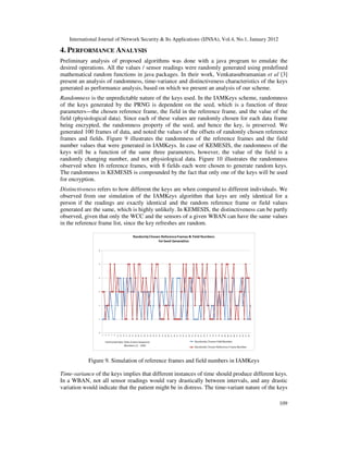 International Journal of Network Security & Its Applications (IJNSA), Vol.4, No.1, January 2012
109
4. PERFORMANCE ANALYSIS
Preliminary analysis of proposed algorithms was done with a java program to emulate the
desired operations. All the values / sensor readings were randomly generated using predefined
mathematical random functions in java packages. In their work, Venkatasubramanian et al [3]
present an analysis of randomness, time-variance and distinctiveness characteristics of the keys
generated as performance analysis, based on which we present an analysis of our scheme.
Randomness is the unpredictable nature of the keys used. In the IAMKeys scheme, randomness
of the keys generated by the PRNG is dependent on the seed, which is a function of three
parameters—the chosen reference frame, the field in the reference frame, and the value of the
field (physiological data). Since each of these values are randomly chosen for each data frame
being encrypted, the randomness property of the seed, and hence the key, is preserved. We
generated 100 frames of data, and noted the values of the offsets of randomly chosen reference
frames and fields. Figure 9 illustrates the randomness of the reference frames and the field
number values that were generated in IAMKeys. In case of KEMESIS, the randomness of the
keys will be a function of the same three parameters, however, the value of the field is a
randomly changing number, and not physiological data. Figure 10 illustrates the randomness
observed when 16 reference frames, with 8 fields each were chosen to generate random keys.
The randomness in KEMESIS is compounded by the fact that only one of the keys will be used
for encryption.
Distinctiveness refers to how different the keys are when compared to different individuals. We
observed from our simulation of the IAMKeys algorithm that keys are only identical for a
person if the readings are exactly identical and the random reference frame or field values
generated are the same, which is highly unlikely. In KEMESIS, the distinctiveness can be partly
observed, given that only the WCC and the sensors of a given WBAN can have the same values
in the reference frame list, since the key refreshes are random.
Figure 9. Simulation of reference frames and field numbers in IAMKeys
Time-variance of the keys implies that different instances of time should produce different keys.
In a WBAN, not all sensor readings would vary drastically between intervals, and any drastic
variation would indicate that the patient might be in distress. The time-variant nature of the keys
 