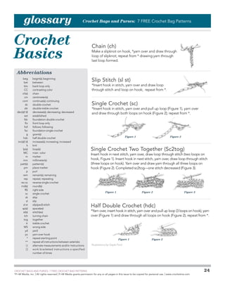 glossary

Crochet Bags and Purses: 7 FREE Crochet Bag Patterns

Crochet
Basics

Chain (ch)

Make a slipknot on hook, *yarn over and draw through
loop of slipknot; repeat from * drawing yarn through
last loop formed.

Abbreviations

Slip Stitch (sl st)

	
beg	
begin(s); beginning
	 bet	between
	
blo	
back loop only
	
CC	
contrasting color
	 ch(s)	chain
	 cm	centimeter(s)
	
cont	
continue(s); continuing
	
dc	
double crochet
	
dtr	
double treble crochet
	 dec(s)(’d)	
decrease(s); decreasing; decreased
	 est	established
	
fdc	
foundation double crochet
	
flo	
front loop only
	
foll	
follows; following
	
fsc	
foundation single crochet
	
g	gram(s)
	
hdc	
half double crochet
	 inc(s)(’d)	
increase(s); increasing; increased
	
k	knit
	 lp(s)	loop(s)
	MC	
main color
	
m	marker
	 mm	millimeter(s)
	patt(s)	 pattern(s)
	
pm	
place marker
	
p	purl
	
rem	
remain(s); remaining
	
rep	
repeat; repeating
	
rev sc	
reverse single crochet
	 rnd(s)	round(s)
	
RS	
right side
	
sc	
single crochet
	
sk	skip
	
sl	slip
	
sl st	
slip(ped) stitch
	 sp(s)	space(es)
	 st(s)	stitch(es)
	
tch	
turning chain
	 tog	together
	
tr	
treble crochet
	
WS	
wrong side
	 yd	yard
	
yo	
yarn over hook
	
*	
repeat starting point
	
**	
repeat all instructions between asterisks
	
( )	
alternate measurements and/or instructions
	
[ ]	
work bracketed instructions a specified
n
­ umber of times

*Insert hook in stitch, yarn over and draw loop
through stitch and loop on hook; repeat from *.

Single Crochet (sc)

*Insert hook in stitch, yarn over and pull up loop (Figure 1), yarn over
and draw through both loops on hook (Figure 2); repeat from *.

Figure 1

Figure 2

Single Crochet Two Together (Sc2tog)

Insert hook in next stitch, yarn over, draw loop through stitch (two loops on
hook, Figure 1). Insert hook in next stitch, yarn over, draw loop through stitch
(three loops on hook). Yarn over and draw yarn through all three loops on
hook (Figure 2). Completed sc2tog—one stitch decreased (Figure 3).

Figure 1

Figure 2

Figure 3

Half Double Crochet (hdc)

*Yarn over, insert hook in stitch, yarn over and pull up loop (3 loops on hook), yarn
over (Figure 1) and draw through all loops on hook (Figure 2); repeat from *.

Figure 1

Figure 2

Illustrations by Gayle Ford

	

CROCHET BAGS AND PURSES: 7 FREE CROCHET BAG PATTERNS
©
F+W Media, Inc. | All rights reserved | F+W Media grants permission for any or all pages in this issue to be copied for personal use. | www.crochetme.com

24

 