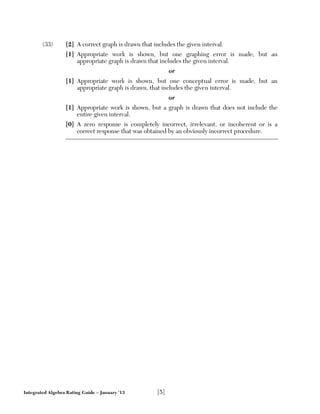 Integrated Algebra Rating Guide – January ’13 [5]
(33) [2] A correct graph is drawn that includes the given interval.
[1] Appropriate work is shown, but one graphing error is made, but an
appropriate graph is drawn that includes the given interval.
or
[1] Appropriate work is shown, but one conceptual error is made, but an
appropriate graph is drawn, that includes the given interval.
or
[1] Appropriate work is shown, but a graph is drawn that does not include the
entire given interval.
[0] A zero response is completely incorrect, irrelevant, or incoherent or is a
correct response that was obtained by an obviously incorrect procedure.
 