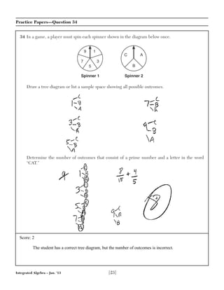 Integrated Algebra – Jan. ’13 [23]
Practice Papers—Question 34
34 In a game, a player must spin each spinner shown in the diagram below once.
Draw a tree diagram or list a sample space showing all possible outcomes.
Spinner 1
9 1
5
7 3
Spinner 2
B
C A
Score: 2
The student has a correct tree diagram, but the number of outcomes is incorrect.
Determine the number of outcomes that consist of a prime number and a letter in the word
“CAT.”
 