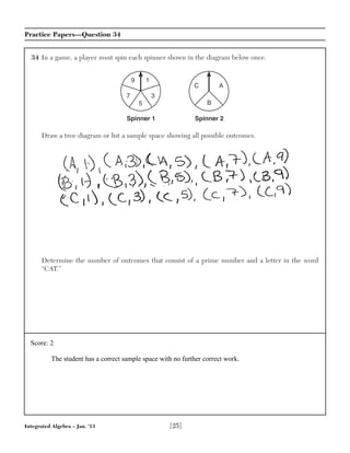 Integrated Algebra – Jan. ’13 [25]
Practice Papers—Question 34
34 In a game, a player must spin each spinner shown in the diagram below once.
Draw a tree diagram or list a sample space showing all possible outcomes.
Determine the number of outcomes that consist of a prime number and a letter in the word
“CAT.”
Spinner 1
9 1
5
7 3
Spinner 2
B
C A
Score: 2
The student has a correct sample space with no further correct work.
 