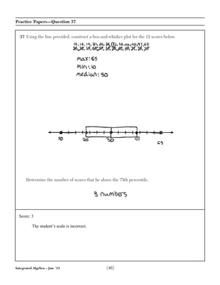 Integrated Algebra – Jan. ’13 [46]
Practice Papers—Question 37
37 Using the line provided, construct a box-and-whisker plot for the 12 scores below.
Determine the number of scores that lie above the 75th percentile.
Score: 3
The student’s scale is incorrect.
 
