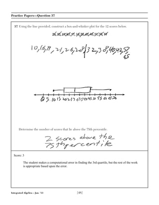 Integrated Algebra – Jan. ’13 [48]
Practice Papers—Question 37
37 Using the line provided, construct a box-and-whisker plot for the 12 scores below.
Determine the number of scores that lie above the 75th percentile.
Score: 3
The student makes a computational error in finding the 3rd quartile, but the rest of the work
is appropriate based upon the error.
 