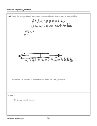 Integrated Algebra – Jan. ’13 [54]
Practice Papers—Question 37
37 Using the line provided, construct a box-and-whisker plot for the 12 scores below.
Determine the number of scores that lie above the 75th percentile.
Score: 0
No correct work is shown.
 