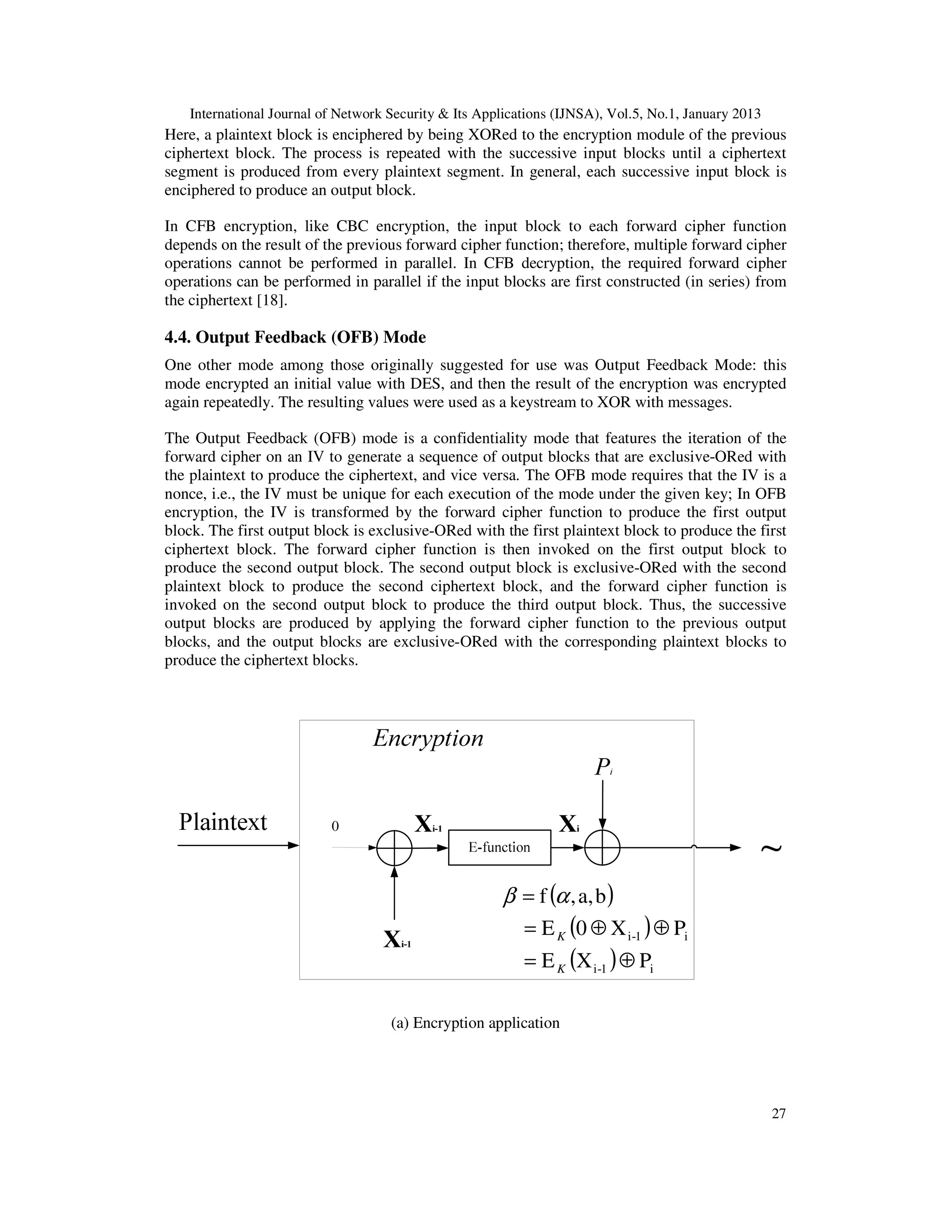 International Journal of Network Security & Its Applications (IJNSA), Vol.5, No.1, January 2013
27
Here, a plaintext block is enciphered by being XORed to the encryption module of the previous
ciphertext block. The process is repeated with the successive input blocks until a ciphertext
segment is produced from every plaintext segment. In general, each successive input block is
enciphered to produce an output block.
In CFB encryption, like CBC encryption, the input block to each forward cipher function
depends on the result of the previous forward cipher function; therefore, multiple forward cipher
operations cannot be performed in parallel. In CFB decryption, the required forward cipher
operations can be performed in parallel if the input blocks are first constructed (in series) from
the ciphertext [18].
4.4. Output Feedback (OFB) Mode
One other mode among those originally suggested for use was Output Feedback Mode: this
mode encrypted an initial value with DES, and then the result of the encryption was encrypted
again repeatedly. The resulting values were used as a keystream to XOR with messages.
The Output Feedback (OFB) mode is a confidentiality mode that features the iteration of the
forward cipher on an IV to generate a sequence of output blocks that are exclusive-ORed with
the plaintext to produce the ciphertext, and vice versa. The OFB mode requires that the IV is a
nonce, i.e., the IV must be unique for each execution of the mode under the given key; In OFB
encryption, the IV is transformed by the forward cipher function to produce the first output
block. The first output block is exclusive-ORed with the first plaintext block to produce the first
ciphertext block. The forward cipher function is then invoked on the first output block to
produce the second output block. The second output block is exclusive-ORed with the second
plaintext block to produce the second ciphertext block, and the forward cipher function is
invoked on the second output block to produce the third output block. Thus, the successive
output blocks are produced by applying the forward cipher function to the previous output
blocks, and the output blocks are exclusive-ORed with the corresponding plaintext blocks to
produce the ciphertext blocks.
( )
( )
( ) i1-i
i1-i
PXE
PX0E
ba,,f
⊕=
⊕⊕=
=
K
K
αβ
(a) Encryption application
 