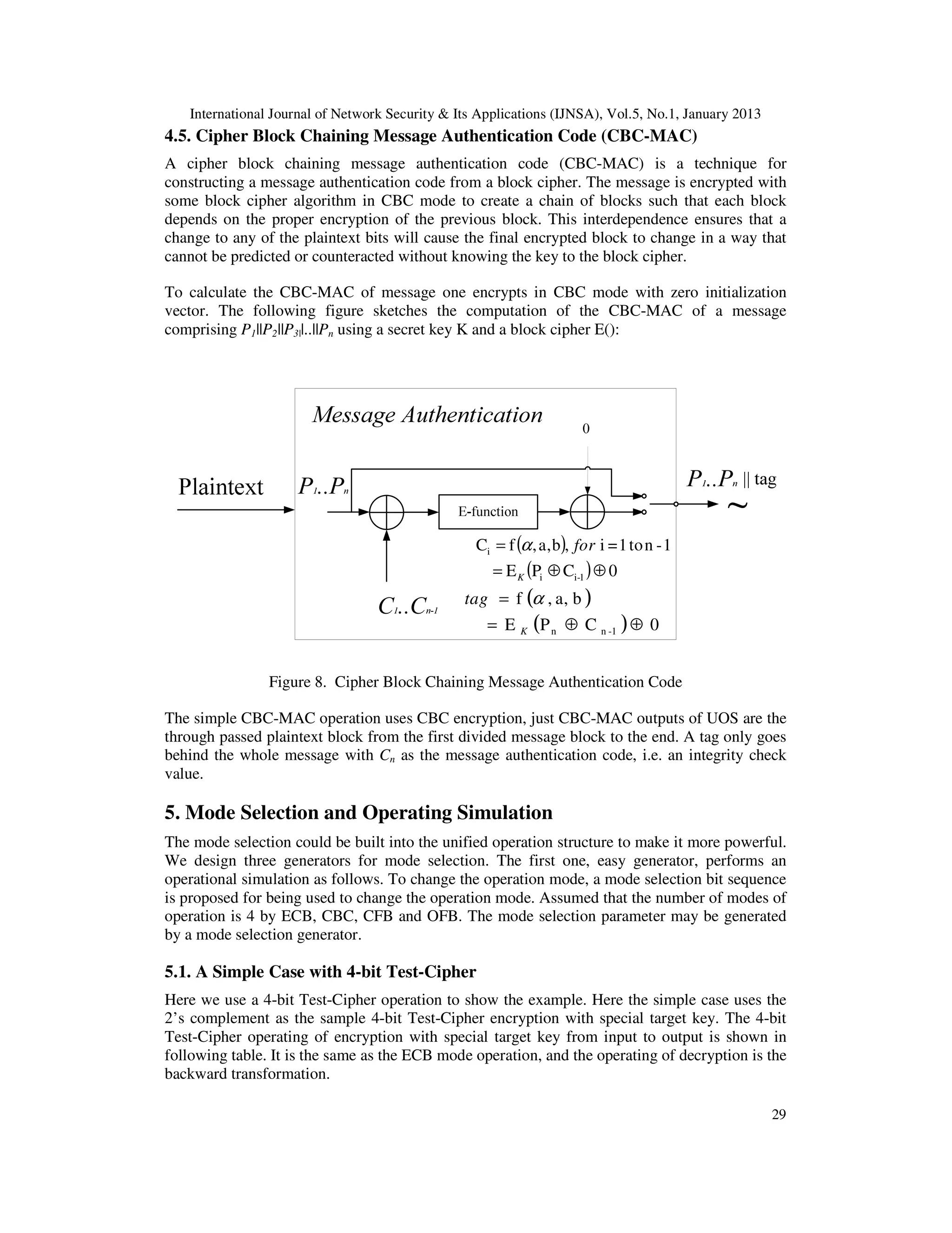 International Journal of Network Security & Its Applications (IJNSA), Vol.5, No.1, January 2013
29
4.5. Cipher Block Chaining Message Authentication Code (CBC-MAC)
A cipher block chaining message authentication code (CBC-MAC) is a technique for
constructing a message authentication code from a block cipher. The message is encrypted with
some block cipher algorithm in CBC mode to create a chain of blocks such that each block
depends on the proper encryption of the previous block. This interdependence ensures that a
change to any of the plaintext bits will cause the final encrypted block to change in a way that
cannot be predicted or counteracted without knowing the key to the block cipher.
To calculate the CBC-MAC of message one encrypts in CBC mode with zero initialization
vector. The following figure sketches the computation of the CBC-MAC of a message
comprising P1||P2||P3||..||Pn using a secret key K and a block cipher E():
( )
( ) 0CPE
1-nto1=i,ba,,fC
1-ii
i
⊕⊕=
=
K
forα
( )
( ) 0CPE
ba,,f
1-nn ⊕⊕=
=
K
tag α
Figure 8. Cipher Block Chaining Message Authentication Code
The simple CBC-MAC operation uses CBC encryption, just CBC-MAC outputs of UOS are the
through passed plaintext block from the first divided message block to the end. A tag only goes
behind the whole message with Cn as the message authentication code, i.e. an integrity check
value.
5. Mode Selection and Operating Simulation
The mode selection could be built into the unified operation structure to make it more powerful.
We design three generators for mode selection. The first one, easy generator, performs an
operational simulation as follows. To change the operation mode, a mode selection bit sequence
is proposed for being used to change the operation mode. Assumed that the number of modes of
operation is 4 by ECB, CBC, CFB and OFB. The mode selection parameter may be generated
by a mode selection generator.
5.1. A Simple Case with 4-bit Test-Cipher
Here we use a 4-bit Test-Cipher operation to show the example. Here the simple case uses the
2’s complement as the sample 4-bit Test-Cipher encryption with special target key. The 4-bit
Test-Cipher operating of encryption with special target key from input to output is shown in
following table. It is the same as the ECB mode operation, and the operating of decryption is the
backward transformation.
 