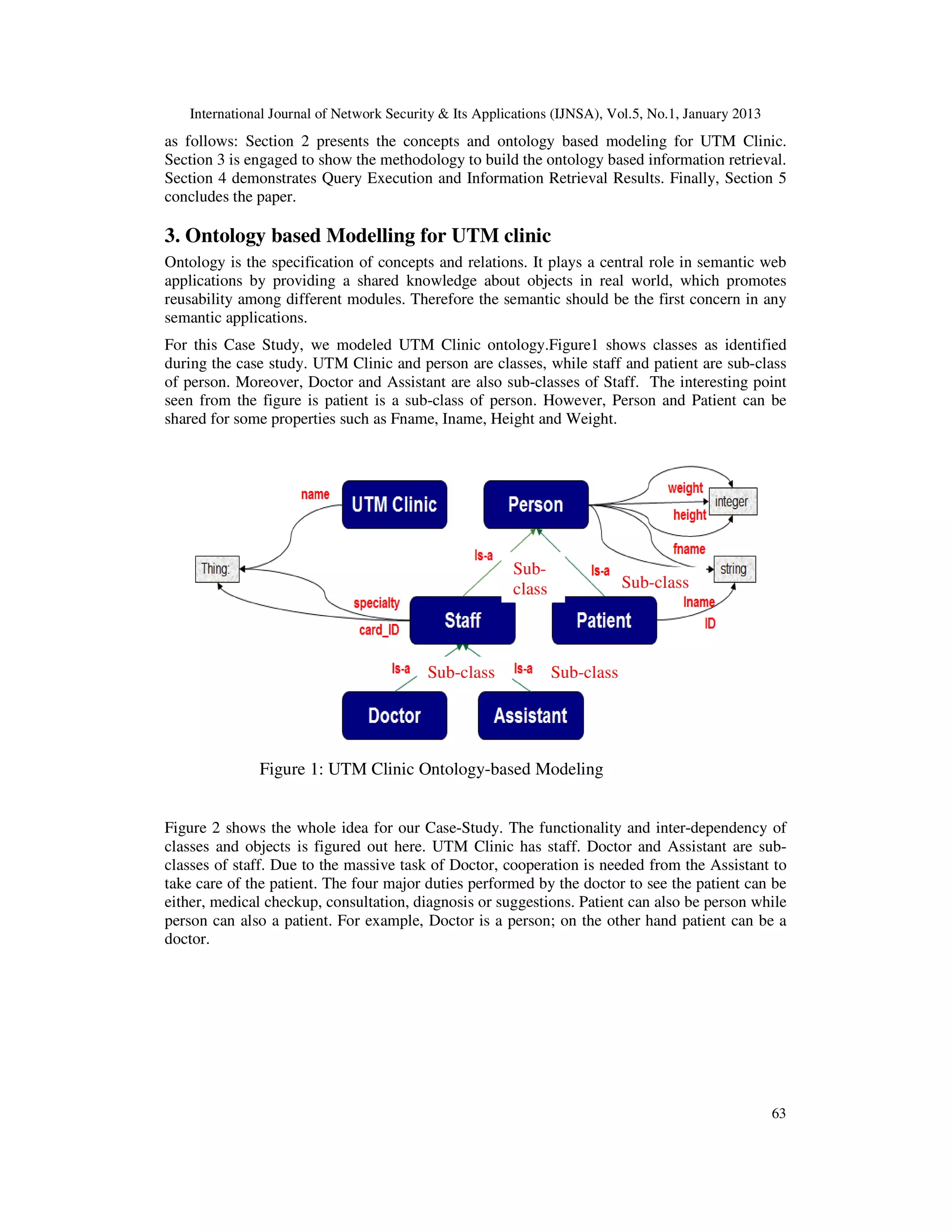 International Journal of Network Security & Its Applications (IJNSA), Vol.5, No.1, January 2013
as follows: Section 2 presents the concepts and ontology based modeling for UTM Clinic.
Section 3 is engaged to show the methodology to build the ontology based information retrieval.
Section 4 demonstrates Query Execution and Information Retrieval Results. Finally, Section 5
concludes the paper.

3. Ontology based Modelling for UTM clinic
Ontology is the specification of concepts and relations. It plays a central role in semantic web
applications by providing a shared knowledge about objects in real world, which promotes
reusability among different modules. Therefore the semantic should be the first concern in any
semantic applications.
For this Case Study, we modeled UTM Clinic ontology.Figure1 shows classes as identified
during the case study. UTM Clinic and person are classes, while staff and patient are sub-class
of person. Moreover, Doctor and Assistant are also sub-classes of Staff. The interesting point
seen from the figure is patient is a sub-class of person. However, Person and Patient can be
shared for some properties such as Fname, Iname, Height and Weight.




                                                        Sub-
                                                        class               Sub-class




                                          Sub-class             Sub-class




              Figure 1: UTM Clinic Ontology-based Modeling


Figure 2 shows the whole idea for our Case-Study. The functionality and inter-dependency of
classes and objects is figured out here. UTM Clinic has staff. Doctor and Assistant are sub-
classes of staff. Due to the massive task of Doctor, cooperation is needed from the Assistant to
take care of the patient. The four major duties performed by the doctor to see the patient can be
either, medical checkup, consultation, diagnosis or suggestions. Patient can also be person while
person can also a patient. For example, Doctor is a person; on the other hand patient can be a
doctor.




                                                                                                     63
 