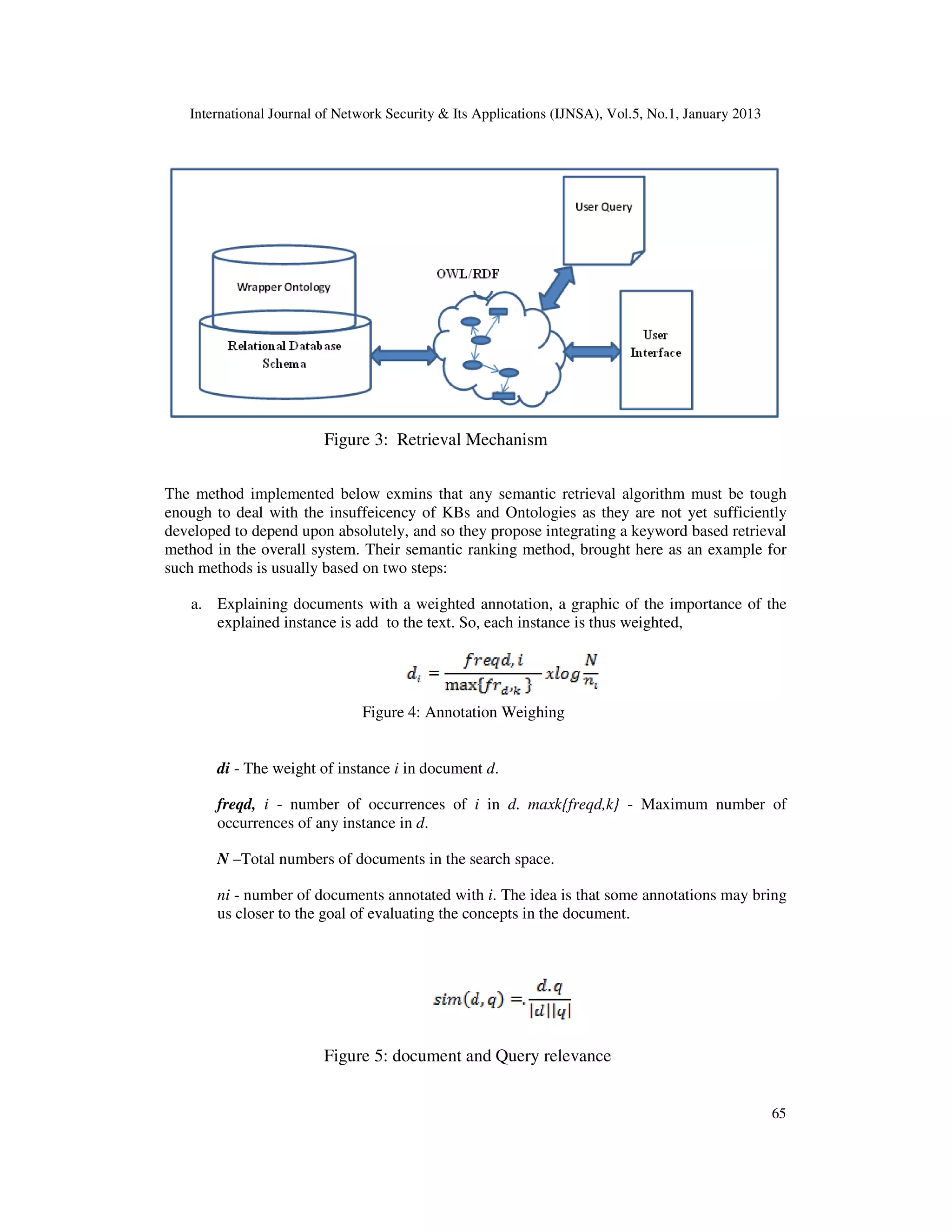 International Journal of Network Security & Its Applications (IJNSA), Vol.5, No.1, January 2013




                         Figure 3: Retrieval Mechanism


The method implemented below exmins that any semantic retrieval algorithm must be tough
enough to deal with the insuffeicency of KBs and Ontologies as they are not yet sufficiently
developed to depend upon absolutely, and so they propose integrating a keyword based retrieval
method in the overall system. Their semantic ranking method, brought here as an example for
such methods is usually based on two steps:

   a. Explaining documents with a weighted annotation, a graphic of the importance of the
      explained instance is add to the text. So, each instance is thus weighted,




                               Figure 4: Annotation Weighing


       di - The weight of instance i in document d.

       freqd, i - number of occurrences of i in d. maxk{freqd,k} - Maximum number of
       occurrences of any instance in d.

       N –Total numbers of documents in the search space.

       ni - number of documents annotated with i. The idea is that some annotations may bring
       us closer to the goal of evaluating the concepts in the document.




                         Figure 5: document and Query relevance


                                                                                                     65
 