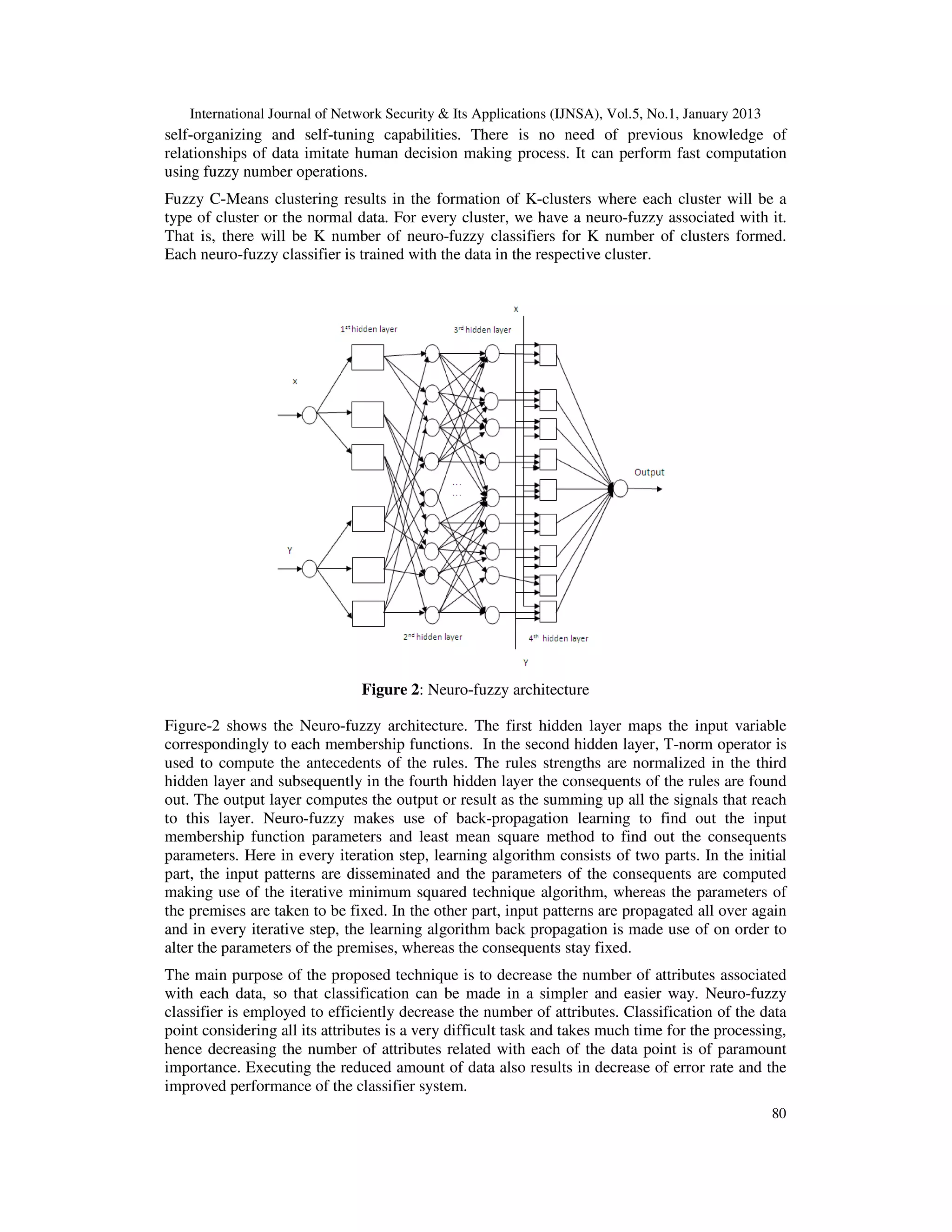 International Journal of Network Security & Its Applications (IJNSA), Vol.5, No.1, January 2013
self-organizing and self-tuning capabilities. There is no need of previous knowledge of
relationships of data imitate human decision making process. It can perform fast computation
using fuzzy number operations.
Fuzzy C-Means clustering results in the formation of K-clusters where each cluster will be a
type of cluster or the normal data. For every cluster, we have a neuro-fuzzy associated with it.
That is, there will be K number of neuro-fuzzy classifiers for K number of clusters formed.
Each neuro-fuzzy classifier is trained with the data in the respective cluster.




                                Figure 2: Neuro-fuzzy architecture

Figure-2 shows the Neuro-fuzzy architecture. The first hidden layer maps the input variable
correspondingly to each membership functions. In the second hidden layer, T-norm operator is
used to compute the antecedents of the rules. The rules strengths are normalized in the third
hidden layer and subsequently in the fourth hidden layer the consequents of the rules are found
out. The output layer computes the output or result as the summing up all the signals that reach
to this layer. Neuro-fuzzy makes use of back-propagation learning to find out the input
membership function parameters and least mean square method to find out the consequents
parameters. Here in every iteration step, learning algorithm consists of two parts. In the initial
part, the input patterns are disseminated and the parameters of the consequents are computed
making use of the iterative minimum squared technique algorithm, whereas the parameters of
the premises are taken to be fixed. In the other part, input patterns are propagated all over again
and in every iterative step, the learning algorithm back propagation is made use of on order to
alter the parameters of the premises, whereas the consequents stay fixed.
The main purpose of the proposed technique is to decrease the number of attributes associated
with each data, so that classification can be made in a simpler and easier way. Neuro-fuzzy
classifier is employed to efficiently decrease the number of attributes. Classification of the data
point considering all its attributes is a very difficult task and takes much time for the processing,
hence decreasing the number of attributes related with each of the data point is of paramount
importance. Executing the reduced amount of data also results in decrease of error rate and the
improved performance of the classifier system.
                                                                                                      80
 