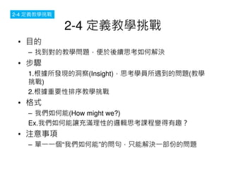 2-4 ѧս 
2-4 ѧս 
? Ŀ 
C ҵĽ̌W}m˼νQ 
? E 
1.lFĶ(Insight)˼WTĆ}(̌W 
) 
2.Ҫ̌W 
? ʽ 
C ҂(How might we?) 
Ex.҂׌MԵ߉݋˼n׃Ȥ 
? ע 
C һһ҂ܡĆ䣬ֻܽQһݵĆ} 
 
