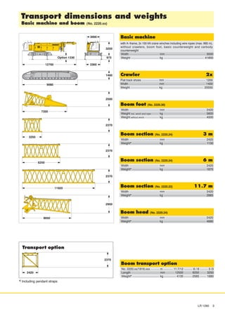 LR 1280 3
*) Including pendant straps
with A–frame, 2x 150 kN crane winches including wire ropes (max. 665 m),
without crawlers, boom foot, basic counterweight and carbody
counterweight
Basic machine
Weight kg 41600
Width mm 3000
Flat track shoes mm 1200
Crawler 2x
Weight kg 20550
Width mm 1400
Boom section (No. 2220.24) 3 m
Weight* kg 1130
Width mm 2420
Boom section (No. 2220.24) 6 m
Weight* kg 1875
Width mm 2420
Boom section (No. 2220.22) 11.7 m
Weight* kg 2885
Width mm 2420
Boom head (No. 2220.24)
Weight* kg 4690
Width mm 2420
Transport dimensions and weights
Basic machine and boom (No. 2220.xx)
Boom transport option
Length mm 12500 6250 3250
Weight* kg 4135 2565 1680
Transport option
Ñ
Ñ Ñ No. 2220.xx/1916.xxx m 11.7/12 6 / 6 3 /3
Ñ
ÑÑÑ
Ñ
Ñ
Ñ
Ñ Ñ
Ñ
ÑÑÑÑÑ ÑÑÑÑÑÑ
ÑÑ
Ñ
ÑÑÑÑÑÑÑÑÑÑÑÑÑÑÑÑÑÑÑÑÑÑÑ
ÑÑÑÑÑÑÑÑ ÑÑÑÑ
Ñ
Ñ
Ñ
Ñ
Boom foot (No. 2220.30)
Weight incl. winch and rope kg 5600
Width mm 2420
Weight without winch kg 4000
 