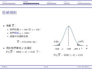 基本概念 拒絕規則 p-value ⺟體比例 t 檢定
拒絕規則
考慮 X：
我們知道 σ = 200 且 n = 100。
我們假設 µ = 1000。
感謝中央極限定理，
X ∼ ND(1000, 20)。
現在我們會找 d 去滿⾜
Pr(|X − 1000|  d) = 0.05 了。
Pr(|X − 1000|  d) = 0.05
假設檢定 20 / 58 孔令傑（臺⼤資管系）
 