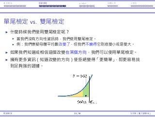 基本概念 拒絕規則 p-value ⺟體比例 t 檢定
單尾檢定 vs. 雙尾檢定
什麼時候我們使⽤雙尾檢定呢？
當我們沒有⽅向性資訊時，我們使⽤雙尾檢定。
例：我們懷疑⺟體平均數改變了，但我們不曉得它到底變⼩或是變⼤。
如果我們知道或相信這個改變在某個⽅向，我們可以使⽤單尾檢定。
擁有更多資訊（知道改變的⽅向）使拒絕變得「更簡單」，即更容易找
到⾜夠強的證據。
假設檢定 29 / 58 孔令傑（臺⼤資管系）
 