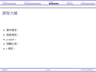 基本概念 拒絕規則 p-value ⺟體比例 t 檢定
課程⼤綱
基本概念。
拒絕規則。
p-value。
⺟體比例。
t 檢定。
假設檢定 31 / 58 孔令傑（臺⼤資管系）
 