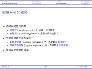基本原理 變數轉換與選擇 ⼀個案例 類別型態⾃變數
迴歸分析的種類
根據⾃變數的個數：
單迴歸（simple regression）：只有⼀個⾃變數。
複迴歸（multiple regression）：超過⼀個⾃變數。
根據應變數的資料型態：
在普通迴歸（ordinary regression）中，應變數是數值資料。
在羅吉斯迴歸（logistic regression）中，應變數是分類資料.
還有其他種迴歸模型。
迴歸分析 (1) 5 / 47 孔令傑（臺⼤資管系）
 