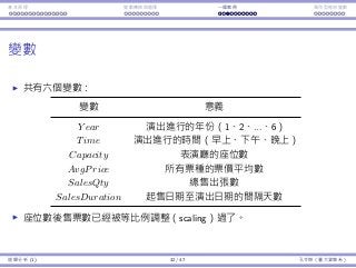 基本原理 變數轉換與選擇 ⼀個案例 類別型態⾃變數
變數
共有六個變數：
變數 意義
Y ear 演出進⾏的年份（1、2、...、6）
Time 演出進⾏的時間（早上、下午、晚上）
Capacity 表演廳的座位數
AvgPrice 所有票種的票價平均數
SalesQty 總售出張數
SalesDuration 起售⽇期⾄演出⽇期的間隔天數
座位數後售票數已經被等比例調整（scaling）過了。
迴歸分析 (1) 32 / 47 孔令傑（臺⼤資管系）
 