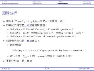 基本原理 變數轉換與選擇 ⼀個案例 類別型態⾃變數
迴歸分析
看起來 Capacity、AvgSales 和 Y ear 都值得⼀試。
如果我們將它們分別放進迴歸模型：
SalesQty = 20.79 + 0.72Capacity：R2
= 0.538、p-value ≈ 0。
SalesQty = 174.9 + 0.0028AvgPrice：R2
= 0.0002、p-value = 0.885。
SalesQty = 203.6 − 6.77Y ear：R2
= 0.063、p-value = 0.0115。
如果我們將它們⼀起放進去：
迴歸模型是
SalesQty = 24.742 + 0.702Capacity + 0.027AvgPrice − 4.696Y ear。
R2
= 0.57、R2
adj = 0.556，p-value 分別是 0、0.056 和 0.019。
不要分別放，要⼀起放。
迴歸分析 (1) 36 / 47 孔令傑（臺⼤資管系）
 