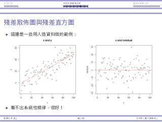 Interaction Endogeneity, residuals Logistic regression
The residual plot and histogram
Consider the artiﬁcial data set as an example.
There is no pattern in the residual plot: good!
Regression Analysis (2) 19 / 38 Ling-Chieh Kung (NTU IM)
 