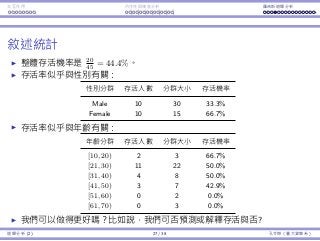 Interaction Endogeneity, residuals Logistic regression
Descriptive statistics
Overall survival probability is 20
45 = 44.4%.
Survival or not seems to be aﬀected by gender.
Group Survivals Group size Survival probability
Male 10 30 33.3%
Female 10 15 66.7%
Survival or not seems to be aﬀected by age.
Age class Survivals Group size Survival probability
[10, 20) 2 3 66.7%
[21, 30) 11 22 50.0%
[31, 40) 4 8 50.0%
[41, 50) 3 7 42.9%
[51, 60) 0 2 0.0%
[61, 70) 0 3 0.0%
May we do better? May we predict one’s survival probability?
Regression Analysis (2) 27 / 38 Ling-Chieh Kung (NTU IM)
 