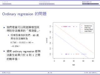 Interaction Endogeneity, residuals Logistic regression
Ordinary regression is problematic
The regression model gives
us “predicted survival
probability.”
For a man at 80, the
“probability” becomes
0.746−0.013×80 = −0.294,
which is unrealistic.
In general, it is very easy for
an ordinary regression
model to generate predicted
“probability” not within 0
and 1.
Regression Analysis (2) 29 / 38 Ling-Chieh Kung (NTU IM)
 