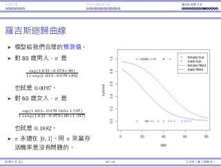 Interaction Endogeneity, residuals Logistic regression
The Logistic regression curve
The curves can be used to
do prediction.
For a man at 80, π is
exp(1.633−0.078×80)
1+exp(1.633−0.078×80) ,
which is 0.0097.
For a woman at 60, π is
exp(1.633−0.078×60+1.597)
1+exp(1.633−0.078×60+1.597) ,
which is 0.1882.
π is always in [0, 1]. There is
no problem for interpreting
π as a probability.
Regression Analysis (2) 33 / 38 Ling-Chieh Kung (NTU IM)
 