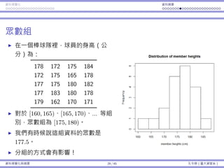 資料視覺化 資料摘要
眾數組
在⼀個棒球隊裡，球員的⾝⾼（公
分）為：
178 172 175 184
172 175 165 178
177 175 180 182
177 183 180 178
179 162 170 171
對於 [160, 165)、[165, 170)、... 等組
別，眾數組為 [175, 180)。
我們有時候說這組資料的眾數是
177.5。
分組的⽅式會有影響！
資料視覺化與摘要 29 / 45 孔令傑（臺⼤資管系）
 
